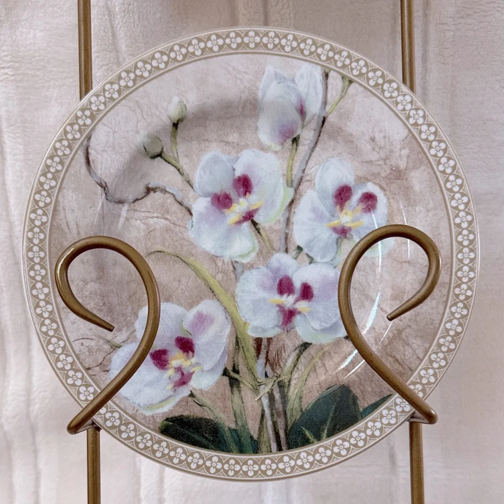 American Atelier Orchids 3 Porcelain Plates Set with wall mounted display stand